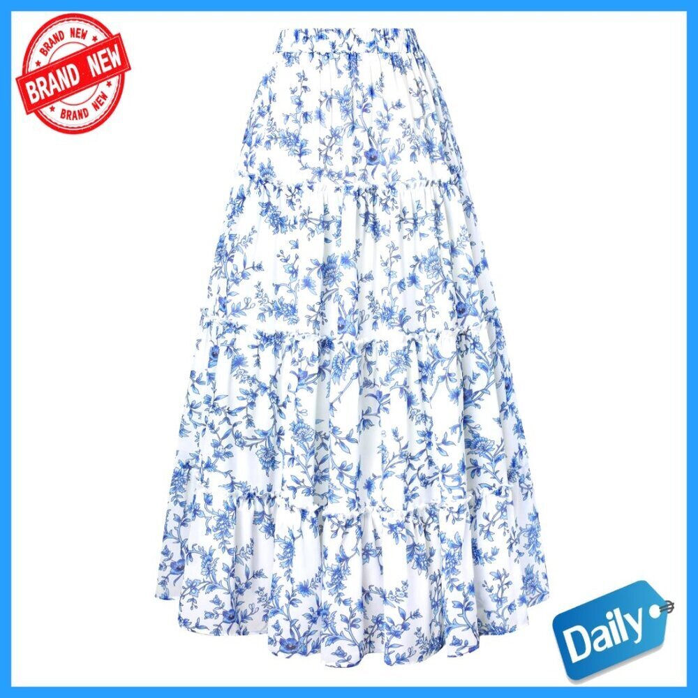 Maxi Skirt with Pockets Flowy Boho Tiered A-Line High Rise